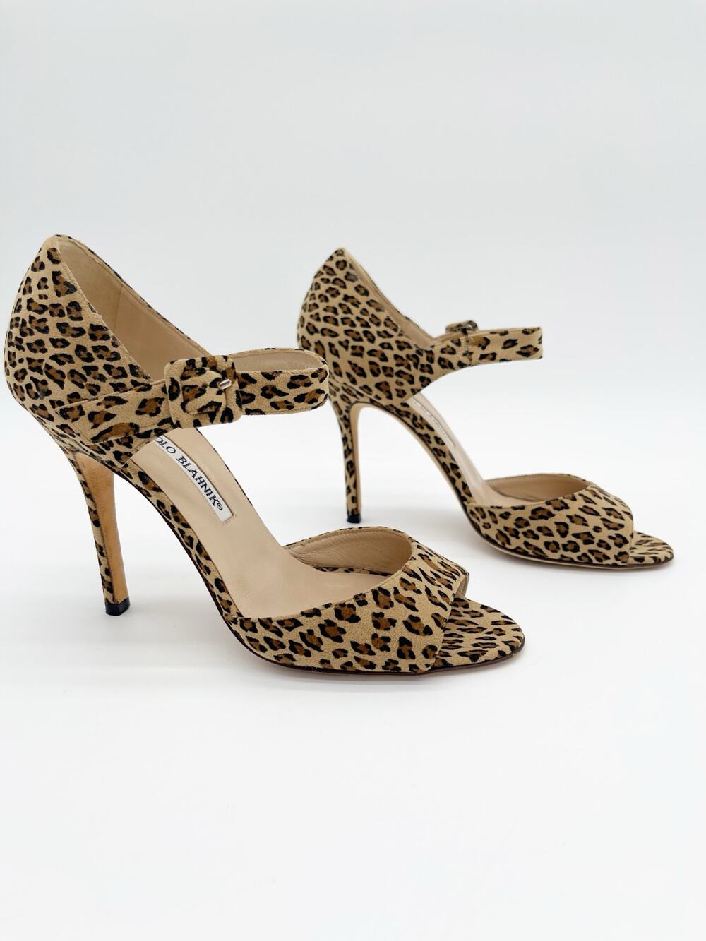 Manolo Blahnik Retro Leopard Print Suede Peep Toe Mary Jane Heels Sandals IT 37